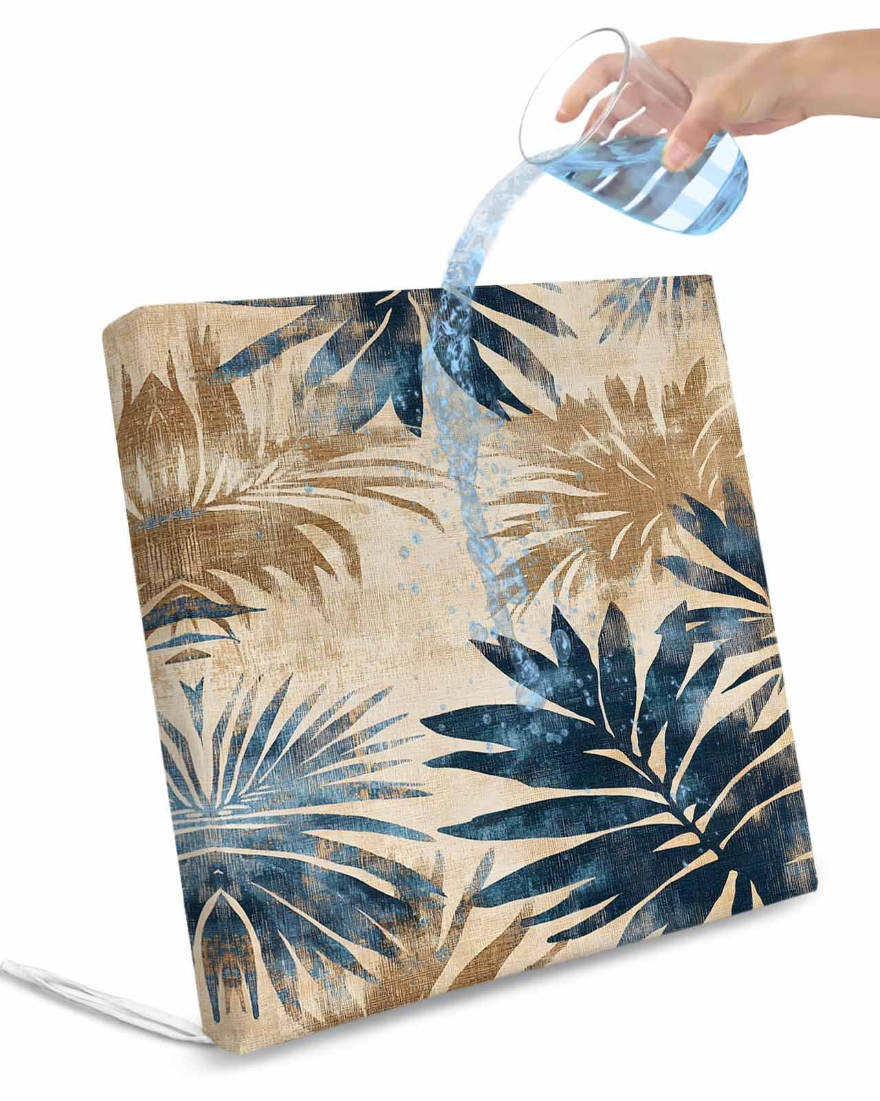 2 Pack Blue Brown Palm Leaf Waterproof Cushion Covers with Ties, Outdoor Patio Chaise Lounge Chair Seat Cushion Slip Covers Replacement(Only Cover) Summer Botanical Vintage 24