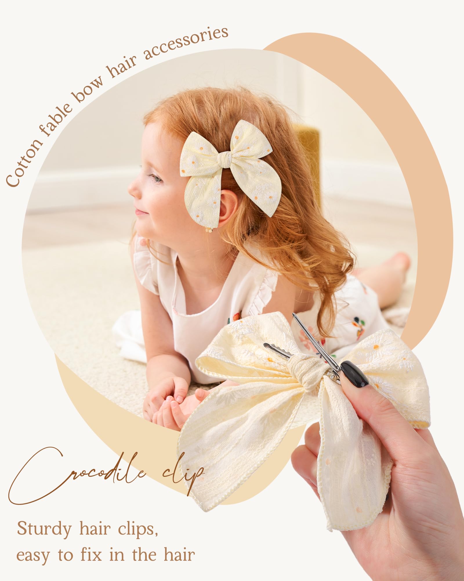 8PCS Baby Girls Hair Clips Fable Hair Bows Cotton Linen Bows for Girls Hair Accessories for Baby Toddlers Kids(Solid Color & Printed color) - Image 3