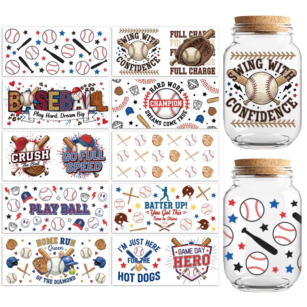 Peacoblue Baseball Home Run UV DTF Cup Wraps, 10 Sheets Transfer Sticker