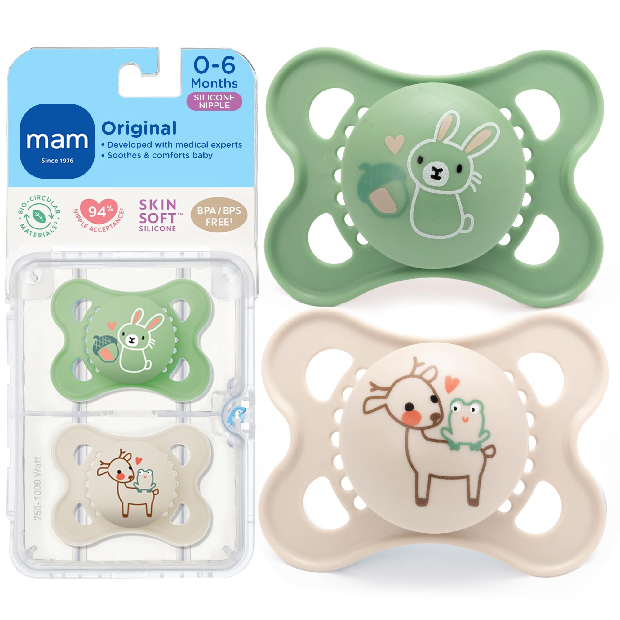 MAM - Chupón original mate para bebé, con forma de pezón que ayuda a promover un desarrollo oral saludable, estuche esterilizador, 0-6 meses, unisex, 2 unidades (paquete de 1).