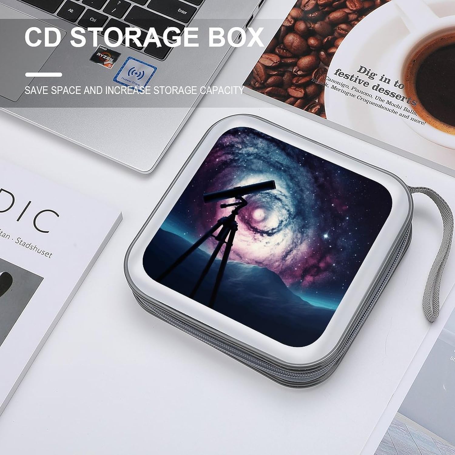 Space Galaxy with Telescope CD Case 40 Capacity DVD Cases for Car Portable CD Boxes Holder with Zipper Protective DVD Box with Handle for Blu Ray Movie Music Audio Disk image 4
