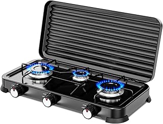 Cocina de Gas portátil de 3 fuego con parrilla, Apta para butano y propano, Tapa protectora extraíble, Ideal para camping, Ocupa poco espacio