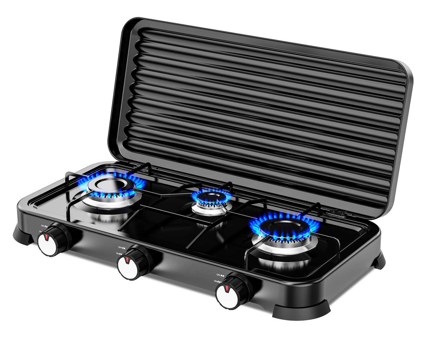 Cocina de Gas portátil de 3 fuego con parrilla, Apta para butano y propano, Tapa protectora extraíble, Ideal para camping, Ocupa poco espacio