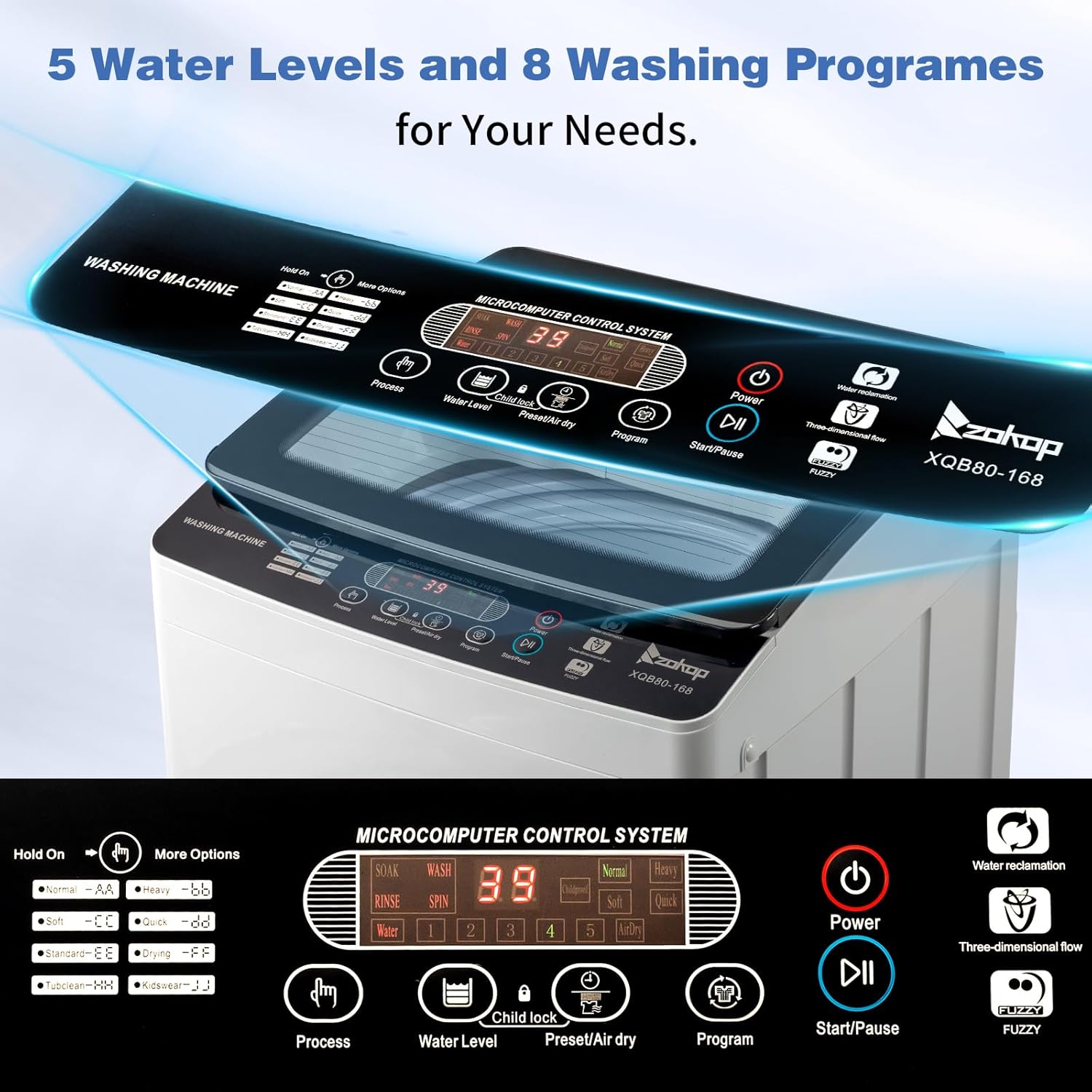 3.0 Cu.Ft Portable Washing Machine, 30 lbs Full-Automatic Top Load Washer with Stainless Steel Drum, 8 Programs, 5 Water Levels, Child Lock & Delay Start