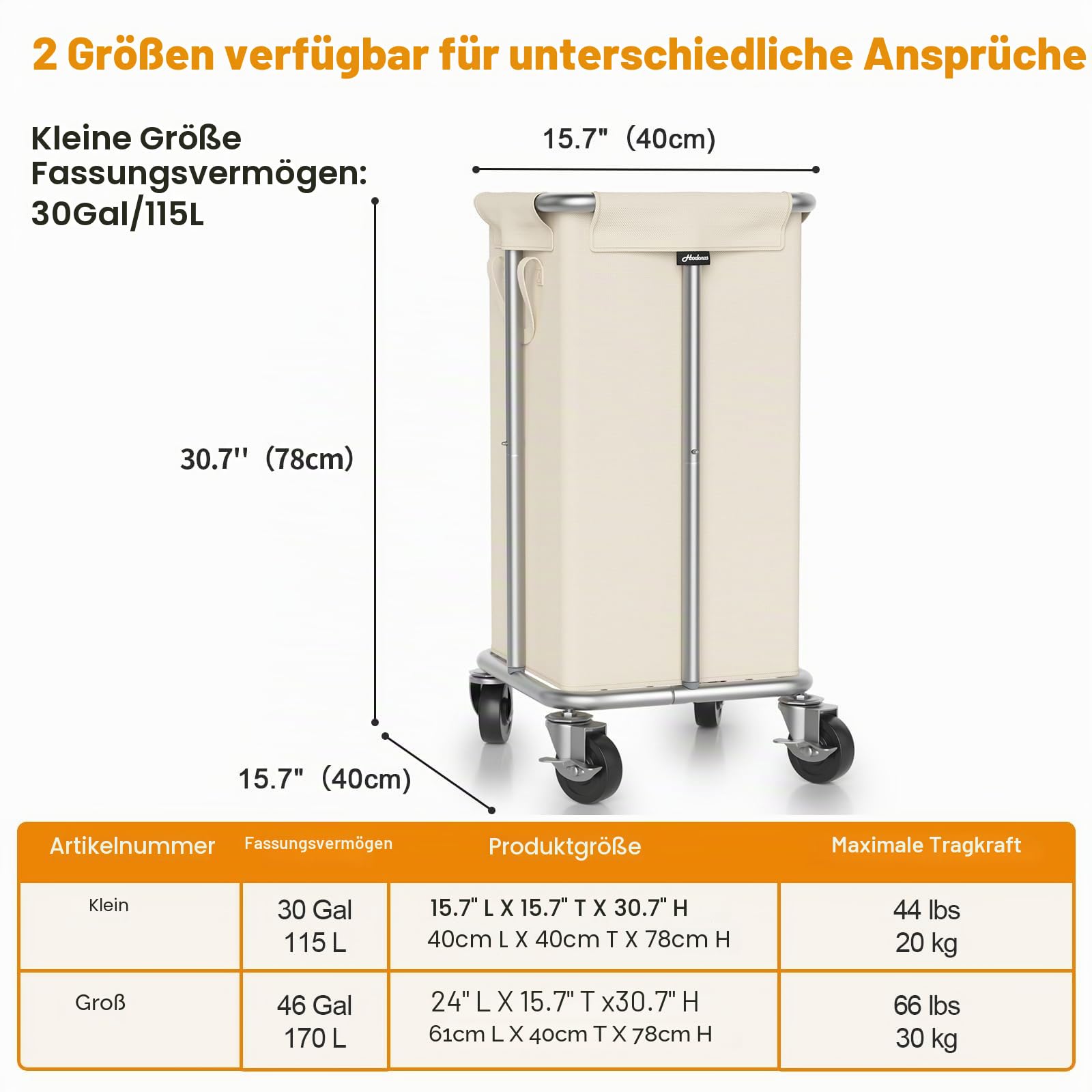 Hodonas Wäschekorb mit Rollen, 115 l, rollender Wäschekorb, großer Wäschekorb mit Stahlrahmen und abnehmbarer Tasche, Schlafzimmer, Badezimmer, Schlafsaal, Waschküche, Organisationskörbe, Beige