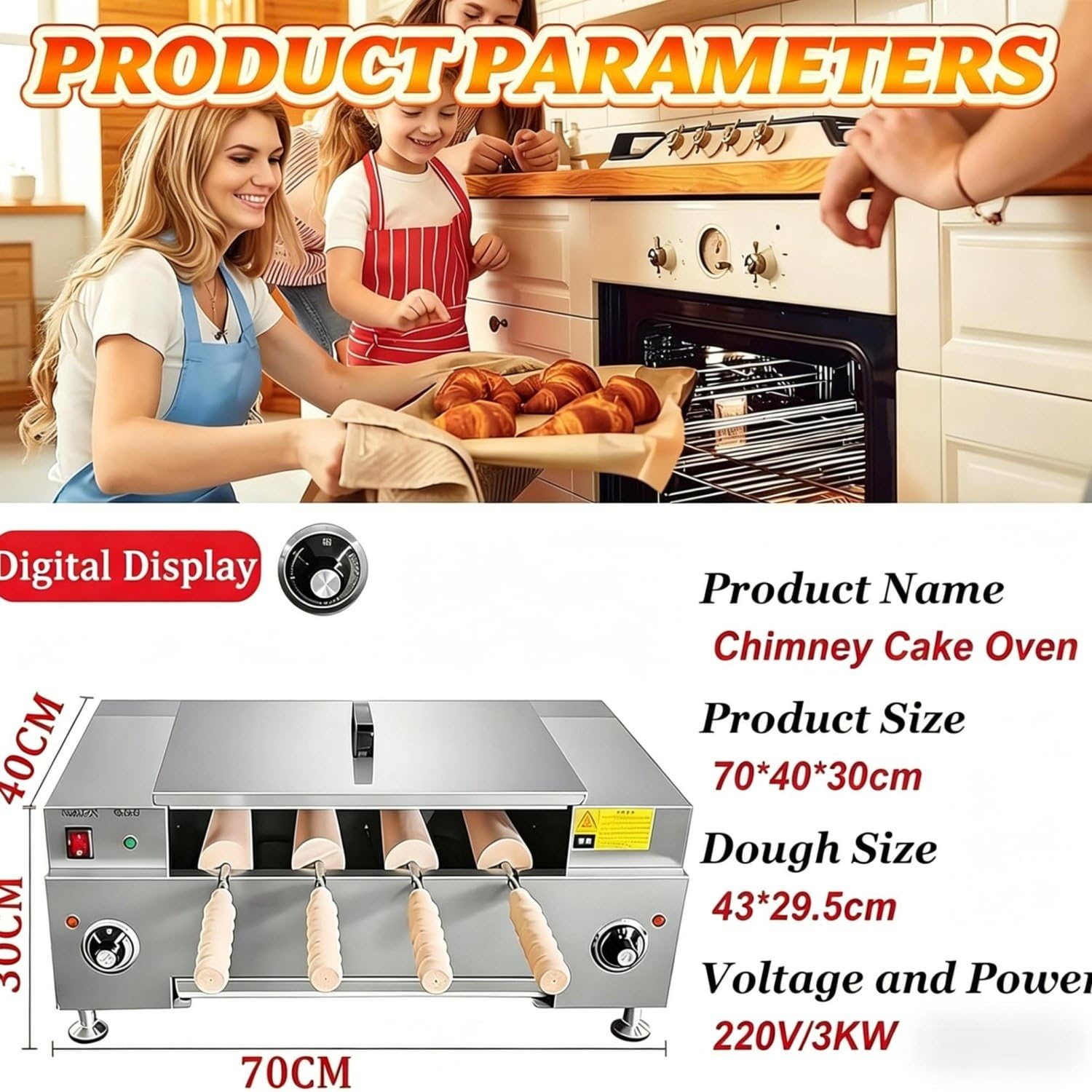 Horno de Cuatro Rodillos con Pantalla Digital, Control preciso de Temperatura y Temporizador, Calentamiento rápido, reposteros Aficionados y para Uso en cocinas Familiares.