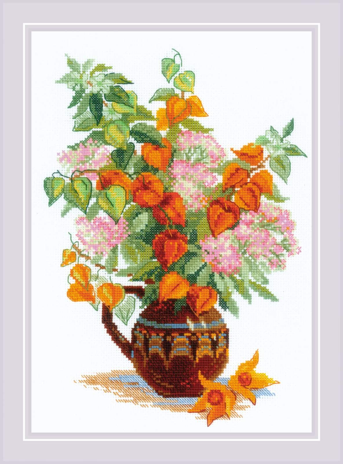 Broderie point de croix bouquet de physalis pour salon chaleureux