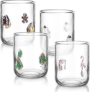 Tessco for you 4 Pcs Christmas Icon Juice Glasses Cup Set - Gingerbread Man, Candy Cane, Snowman & Christmas Tree Stemless Drinking Wine, Water, Coffee Glass Cup for Holiday Party Gift