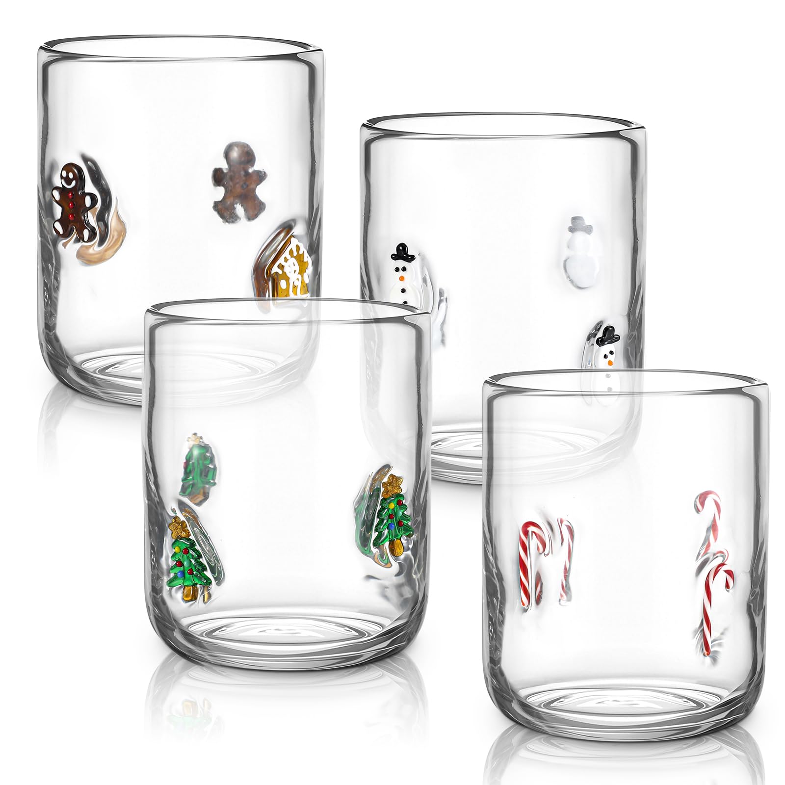 Tessco for You 4 Pcs Christmas Icon Juice Glasses Cup Set - Gingerbread Man, Candy Cane, Snowman & Christmas Tree Stemless Drinking Wine, Water, Coffee Glass Cup for Holiday Party Gift