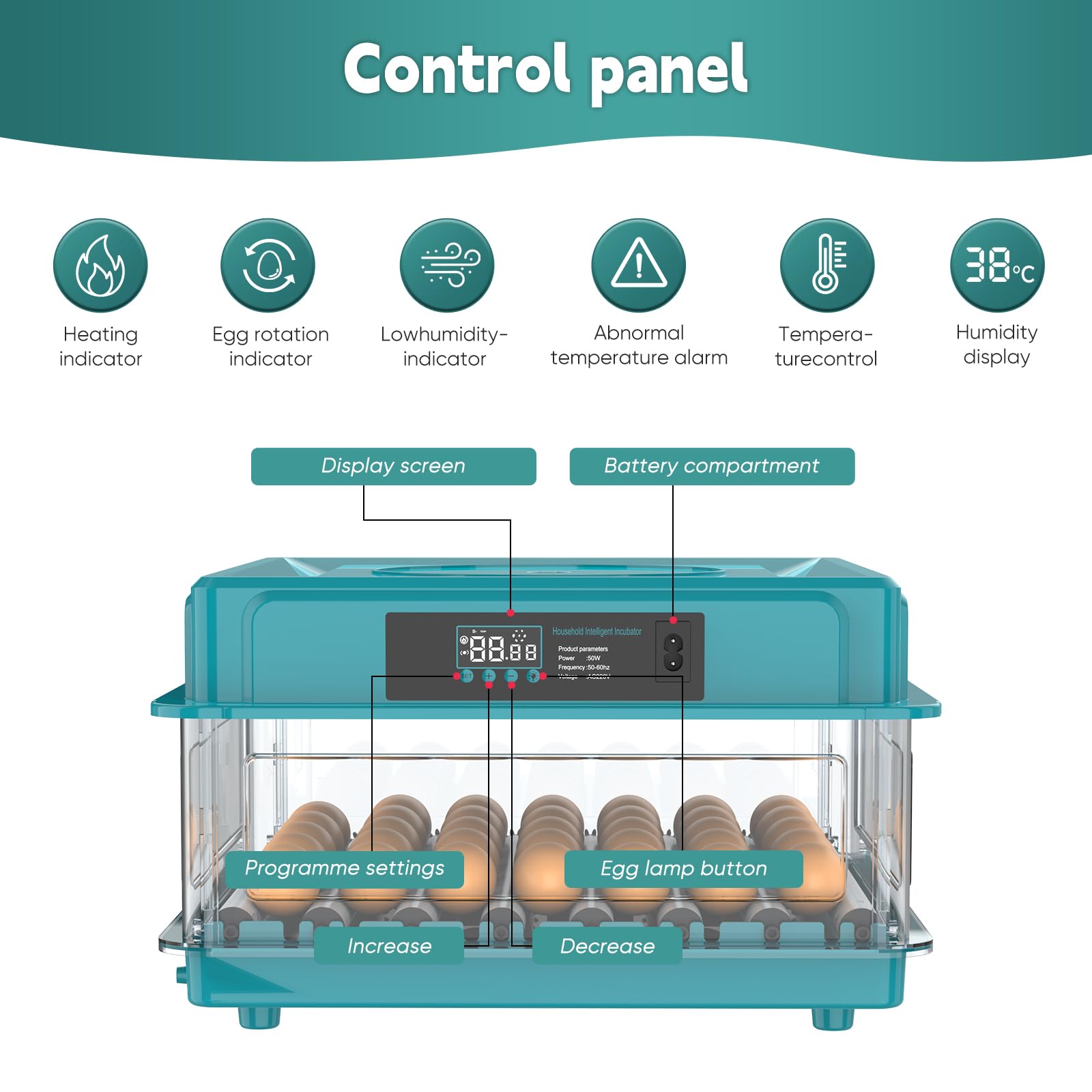 Brutautomat Vollautomatisch,Inkubator für 10-36 Eier mit Automatischem Wenden der Eier und Automatischer Befeuchtung,Brutkasten mit Feuchtigkeitsanzeige für Hühner,Enten,Gänse und Wachteln (36 Eier)