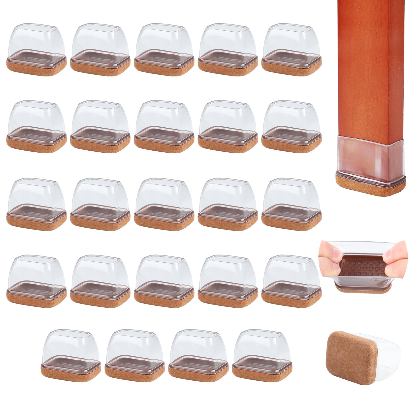 24PCS Rectangle Chair Leg Floor Protectors with Felt, Small Silicone Chair Leg Caps for Hardwood Floors, Clear Outdoor Patio Flooring Protectors, Anti-scratch, Fit Length 1.3"-1.65", Width 0.63"-0.87"