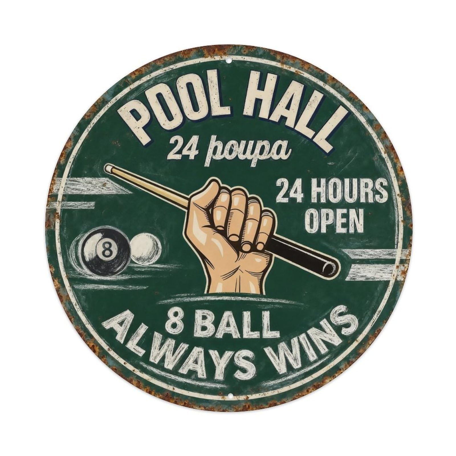 Pool Hall 24 Hours Open Metal Tin Sign Plaque