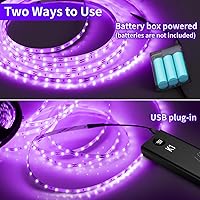 Vista 3 de Tira de luces negras de 16.4 pies, funciona con pilas, tira de luz negra USB para fiesta brillante, luces negras de 385-400 nm para dormitorio