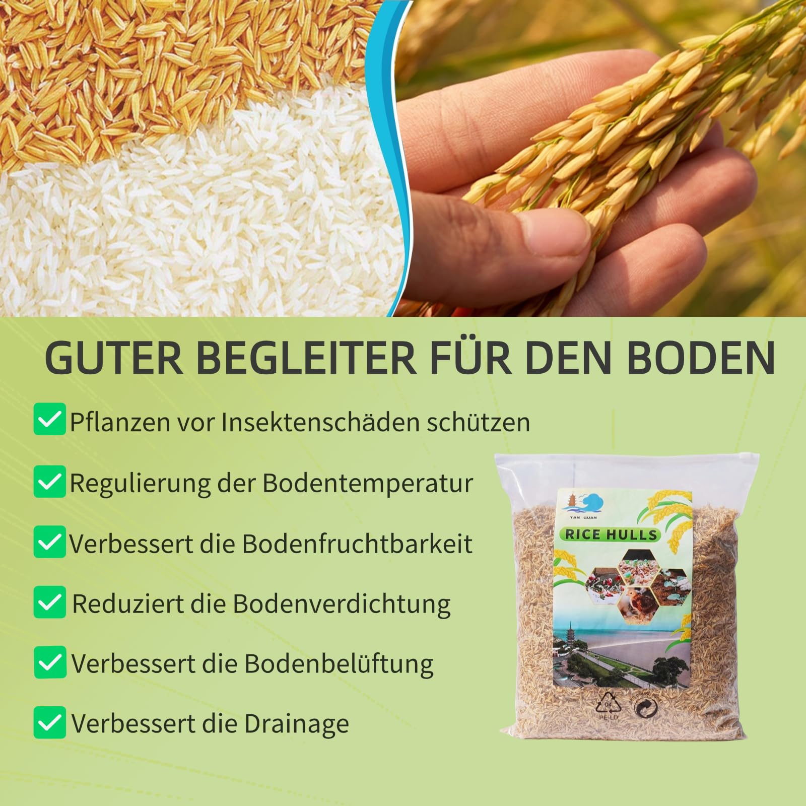 YIHAKIDS Reisspelzen 60L, Natürlich Gesunde Reishülsen für Pflanzen, Gartenbau, Geflügel, Gewächshäuser丨Organisch Einstreu-Zusatz für Wachteln, Hühner, Hamster丨Reisschalen für Blumen, Pflanzendünger