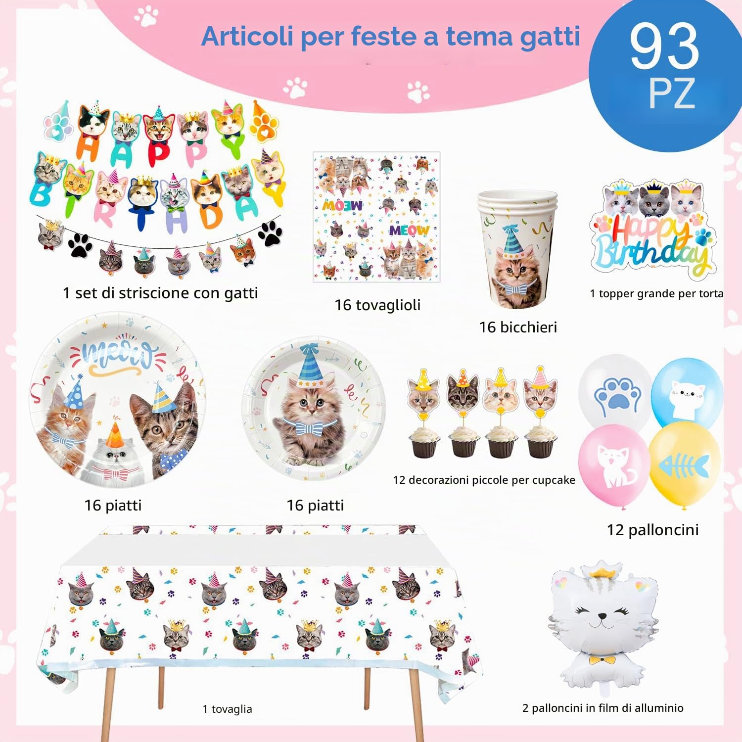 Decorazioni per Feste di Gatti,93 Pezzi Set Stoviglie & Decorazioni Gatti Compleanno Kit-Striscione Compleanno Gatto Piatti Tovaglioli Tovaglia etc Forniture per Feste di Compleanno di Gatti