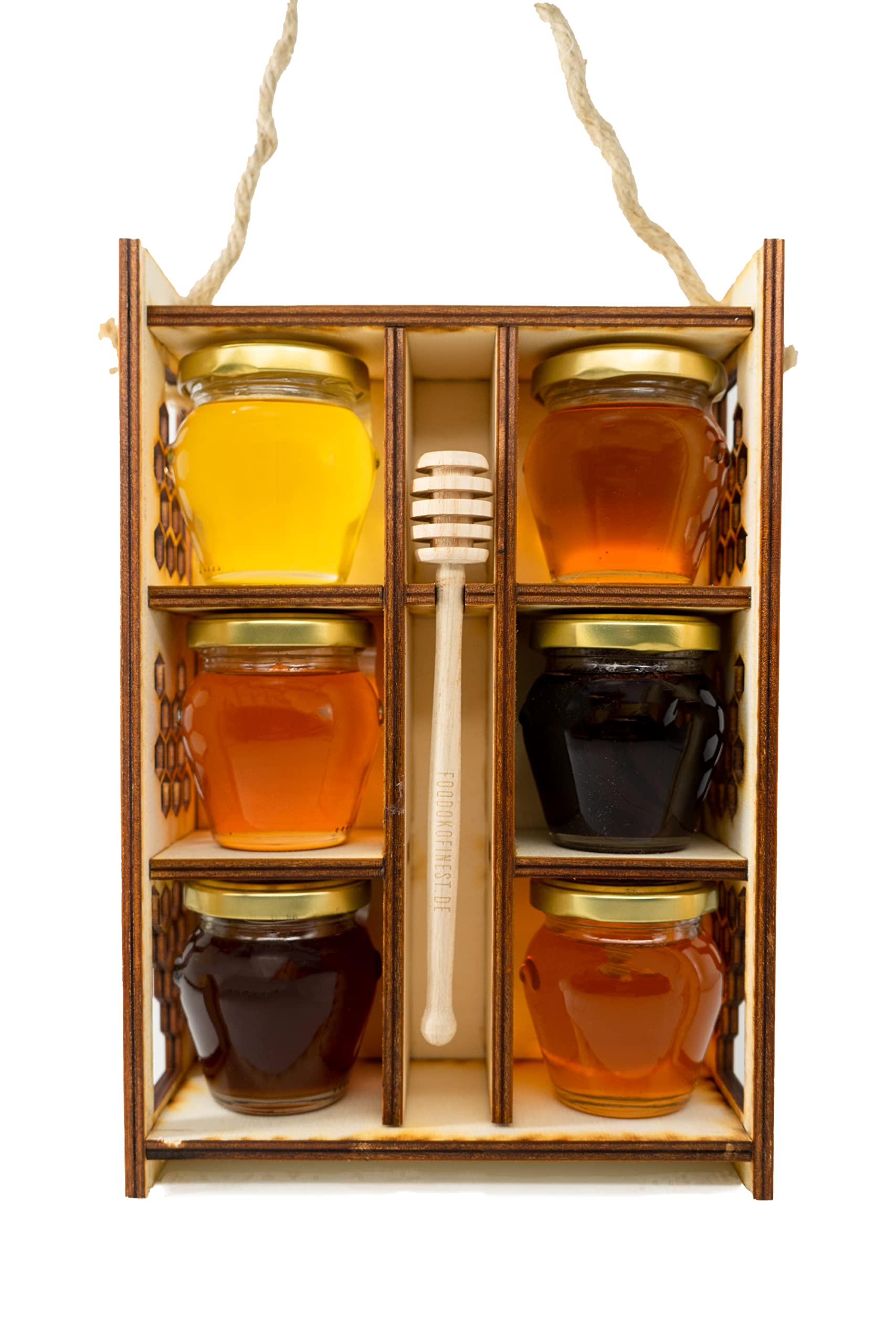FOODOKO FINEST Honig Geschenkset Feinkost Probierset bestehend aus Blütenhonig, Waldhonig, Apfelhonig, Himbeerhonig, Akazienhonig und Lindenhonig mit Honiglöffel im Holzgestell 660g