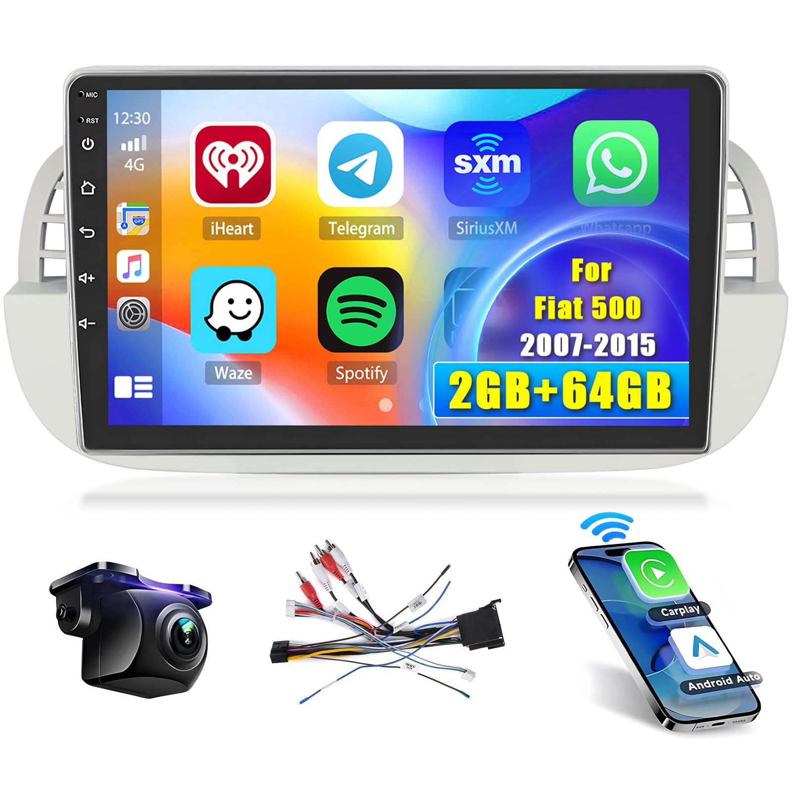 [2+64GB] for FIAT 500 2007-2015 Android Car Stereo 9 Inch Touchscreen Car Radio Wireless Carplay Android Auto Support GPS Navigation WiFi Bluetooth FM EQ Backup Camera