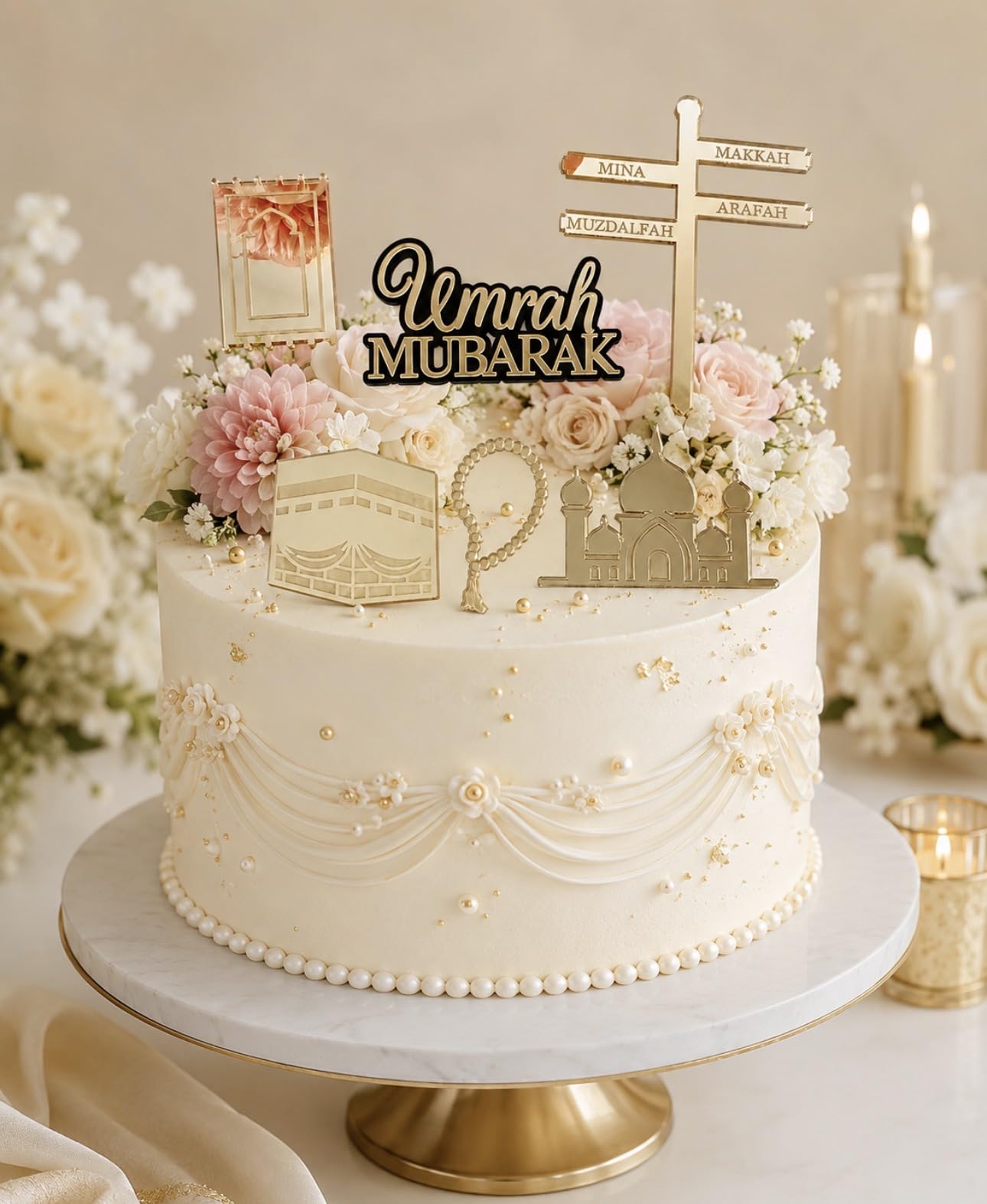 Umrah Cake Toppers, Gold Topper, Kaaba, Mosque, Tasbee, Prayer Mat, Acrylic, Reusable Cake Toppers, Gift Wrapping, Charms, Decorations.