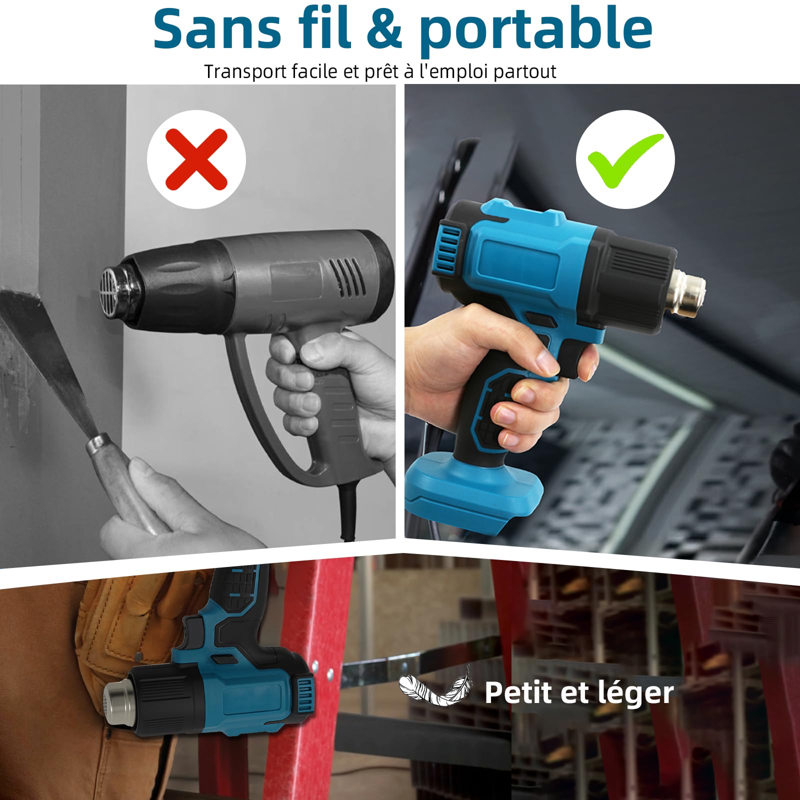 Pistolet à air chaud sans fil 350 W - Compatible avec batterie Ma-kita 18 V - Décapeur thermique 86-1022 ℉ pour le bricolage, avec 3 buses et grattoir, sans batterie
