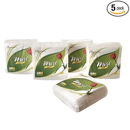 MDN Mist 2 Ply Ultra Soft Hygienic, Absorbent, Strength and Natural Value White Dinner/Cocktail Tissue Paper - Pack of 5