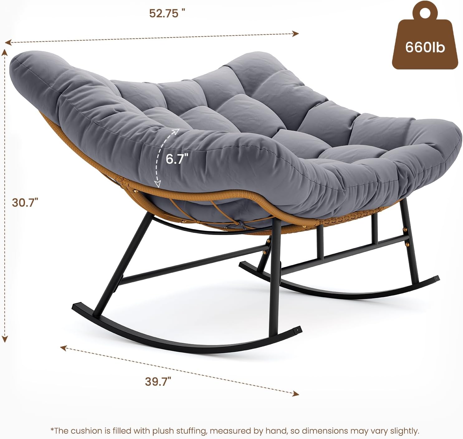Sikaic Double Papasan Rocking Chair Outdoor, Egg Rocker with High Back Water Resistant Cushion, Rustproof & UV Resistant PE Wicker Patio Chair for Porch, Garden, Living Room, Grey