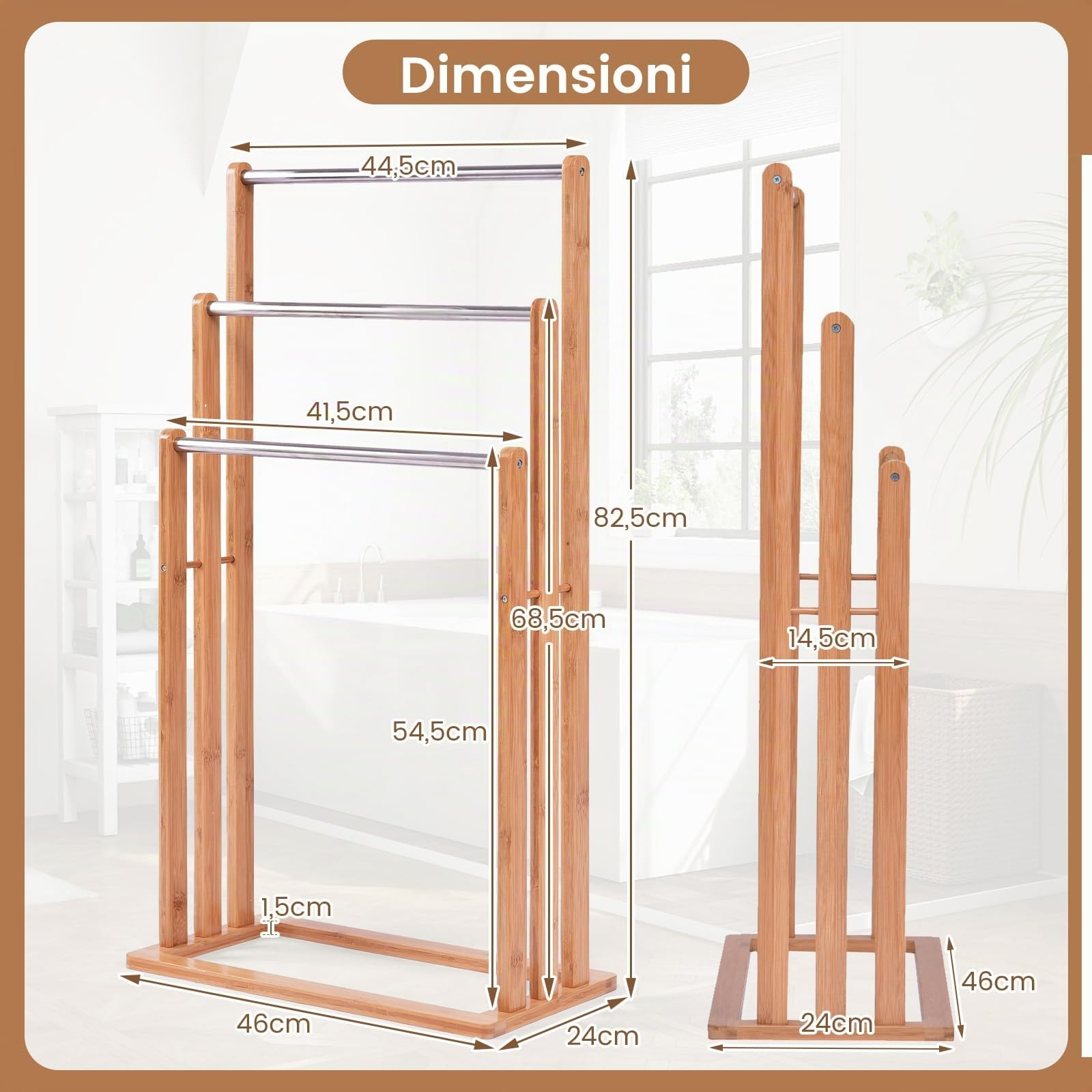 COSTWAY Portasciugamani in Bambù da Terra | Mobile Bagno con 3 Aste per Asciugamano in Acciaio Inox, 46x24x84cm