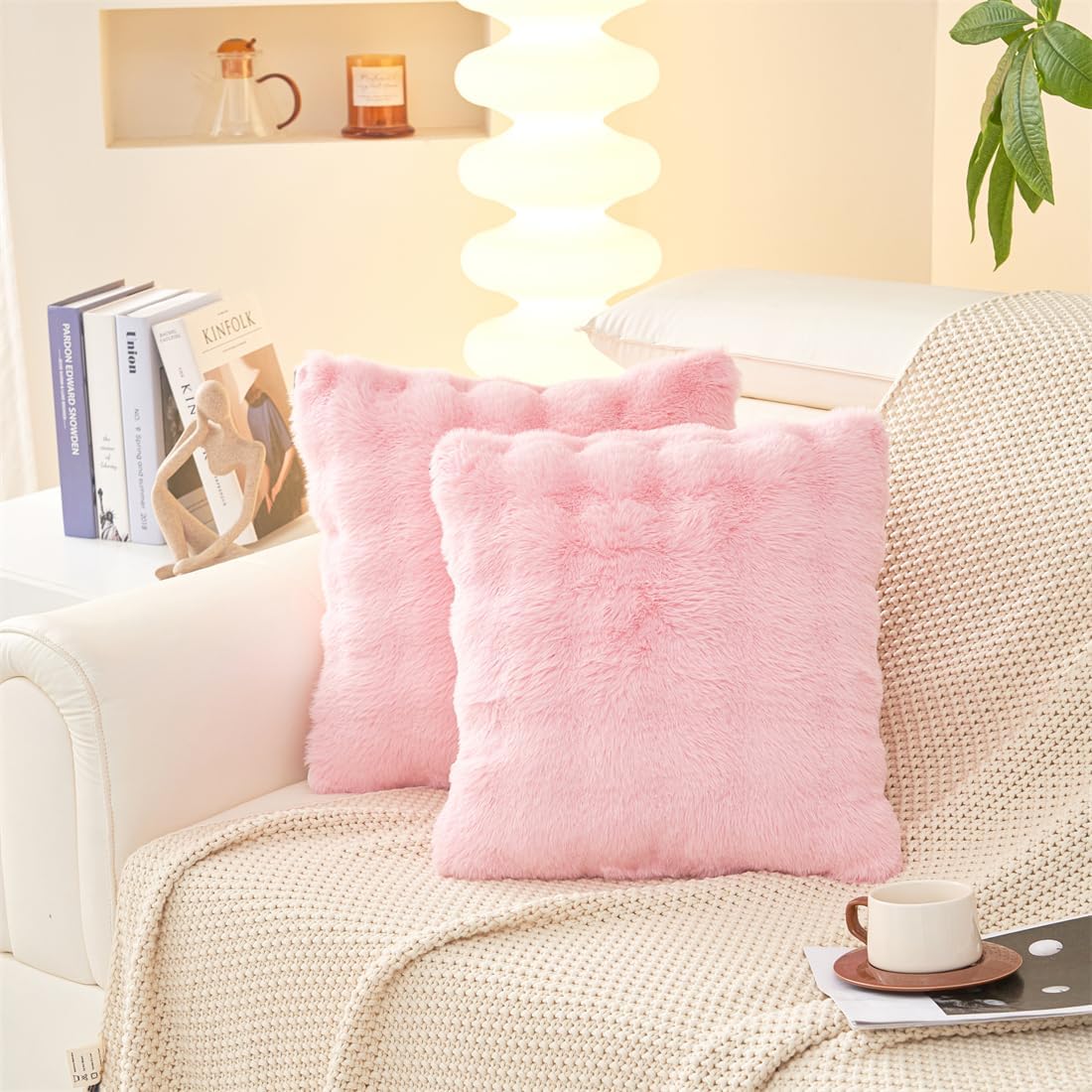 MOOWOO Faux Fur Plush Spring Throw Pillow Covers 18x18 Set of 2, Luxury Soft Fluffy Striped Decorative Pillow Covers for Sofa, Couch, Living Room, Pink