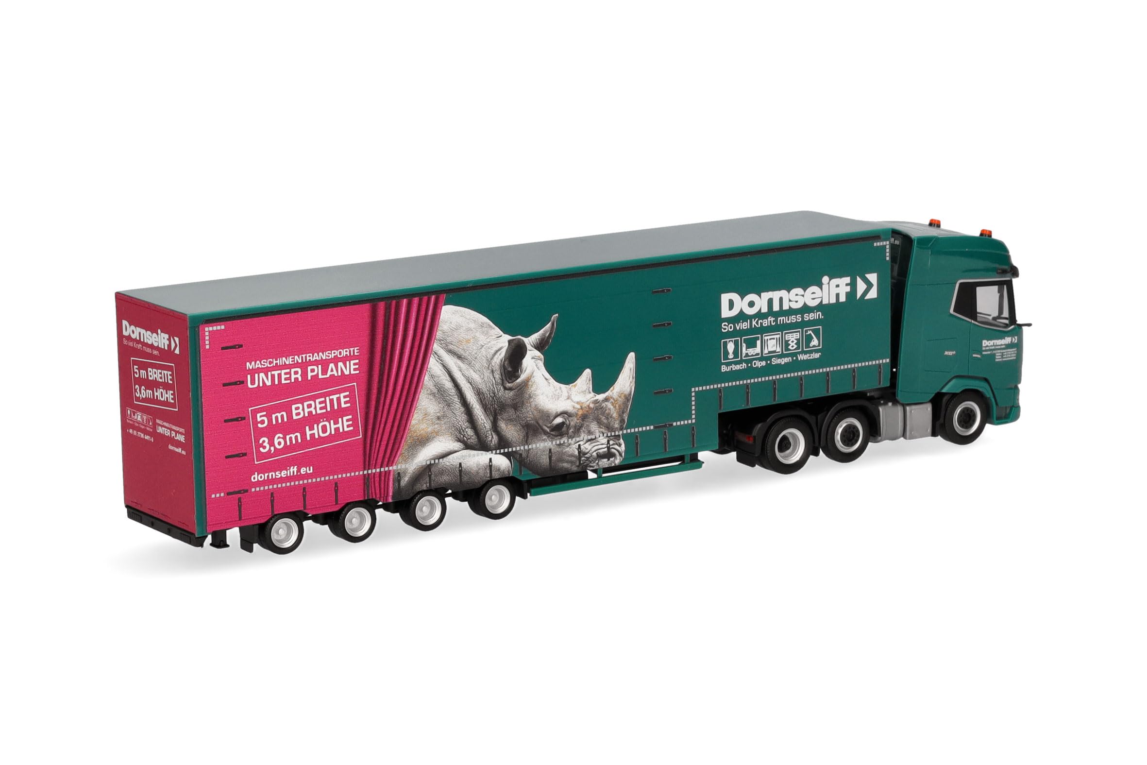 Herpa Model ciężarówki DAF XG+ naczepa objętościowa "Dornseiff", miniatura w skali 1:87, kolekcjonerski, Made in Germany, plastik