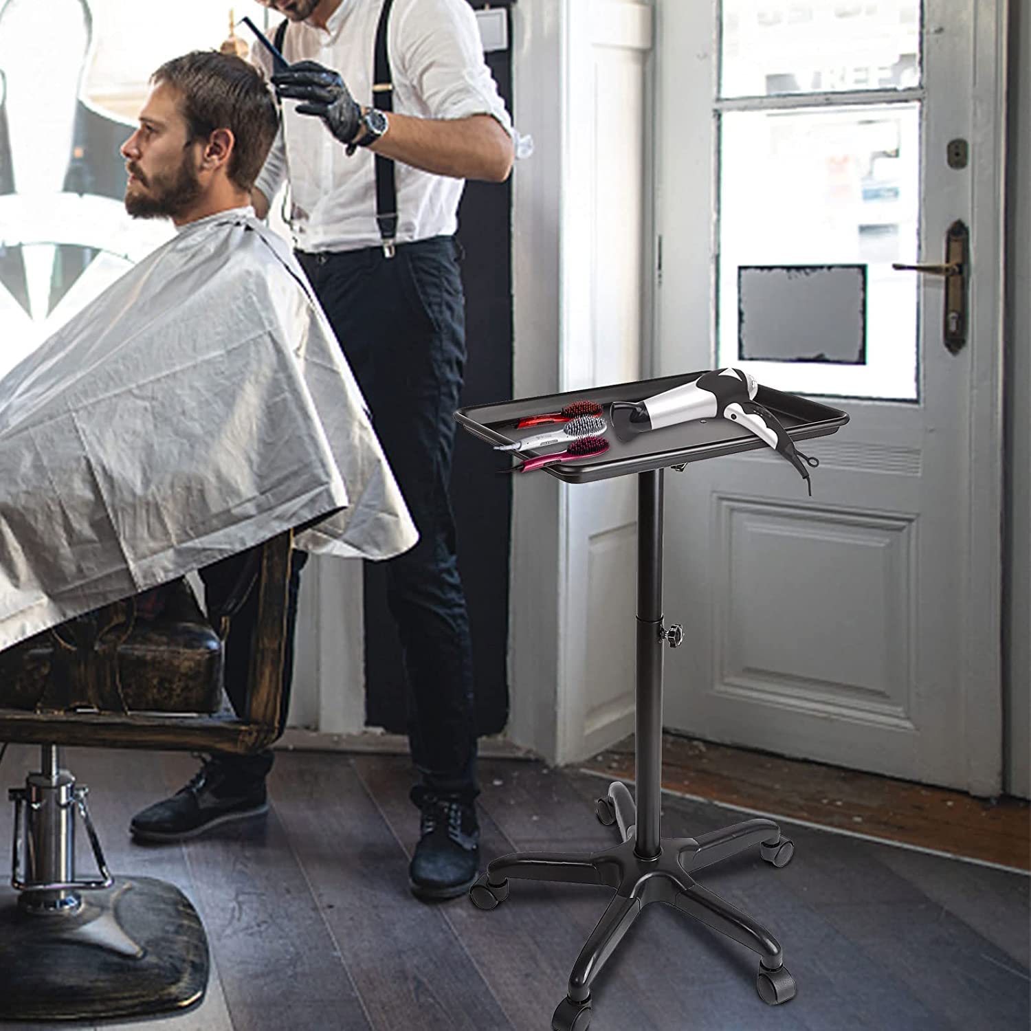 Salon Tablett mit Rädern Aluminiumwagen Beauty Trolley Einstellbare Höhe 360 Grad Schwenkräder für Dental Carts Friseur Cart Schwarz