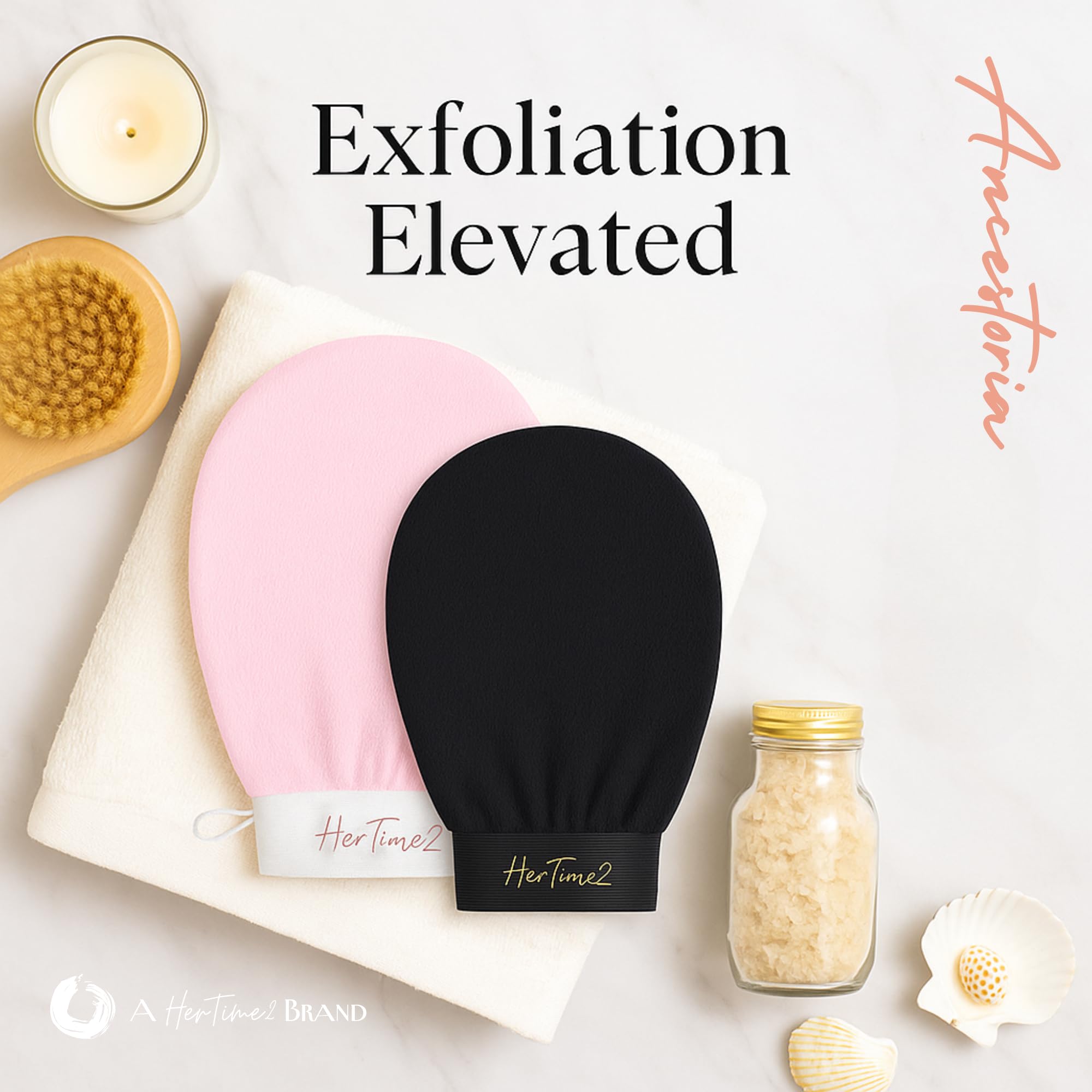 HerTime2 Guantes exfoliantes coreanos, rosa y negro, paquete de 2, guantes de exfoliación profunda, reutilizables y sin productos químicos