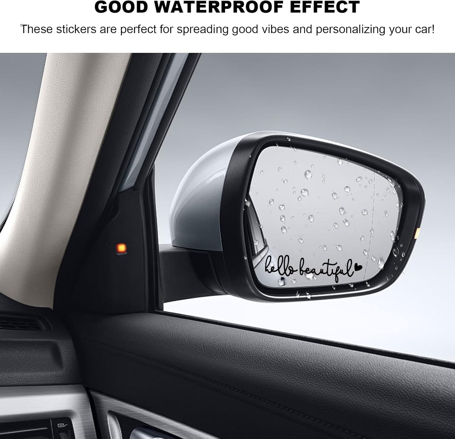 3 PCS Hello Beautiful Rearview Mirror Decal, Vanity Mirror Decor Cute Positive Car Decal with Heart, Self Affirmations Letter Stickers Auto Window Decoration for Women Girl (Black)