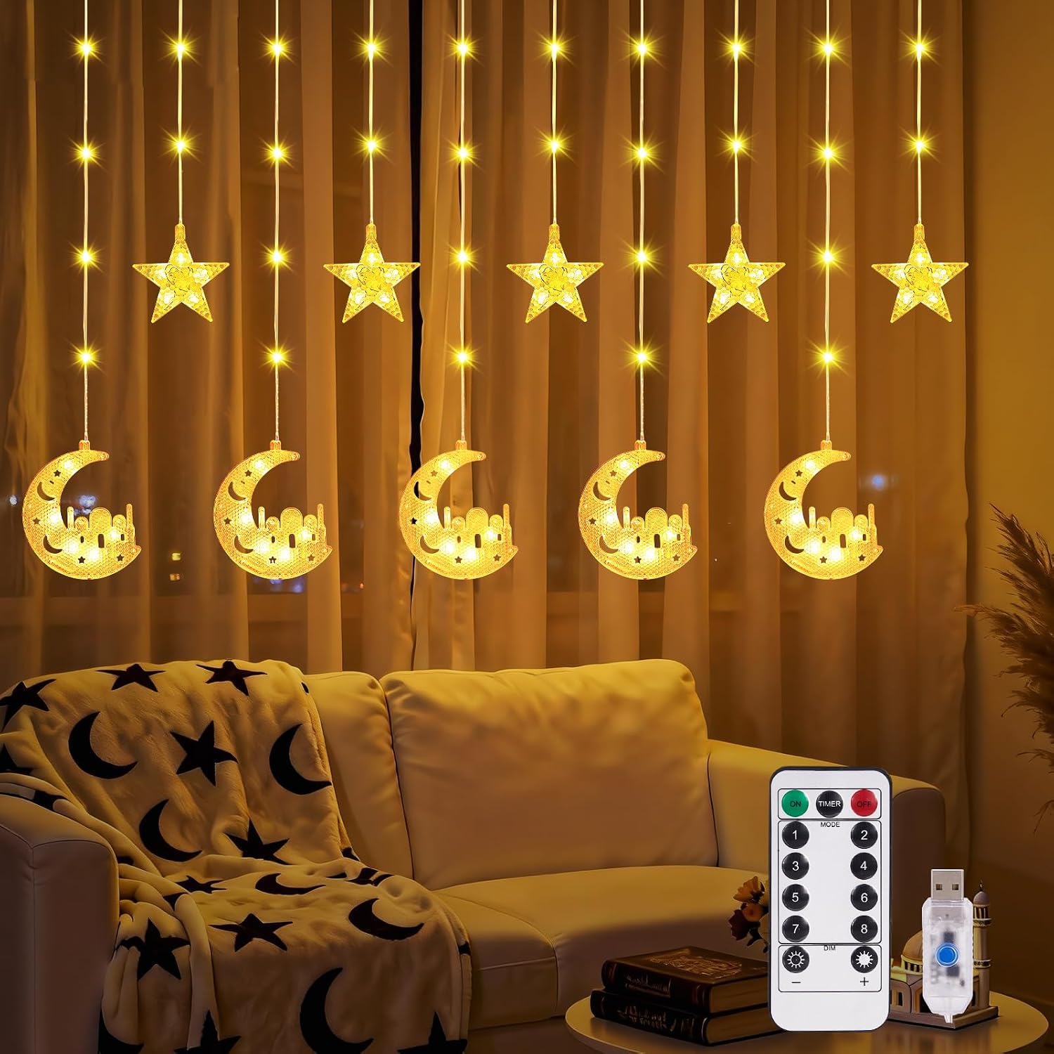 Ramadan Lights Decorations,130 LED Ramadan Decorations for Home 2026,Moon and Star Curtain String Lights with Remote Timer,8 Lighting Modes,Eid Decorations for Indoor Window Bedroom Party Holiday