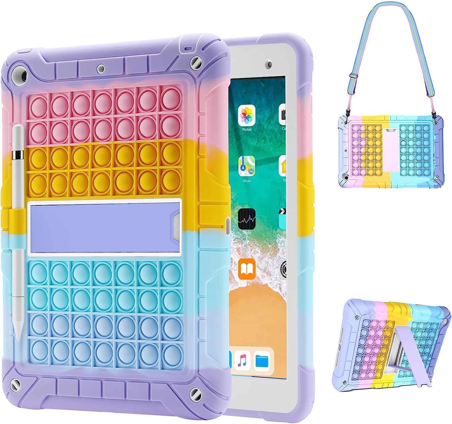 Herize iPad 5th/6th Generation Cases with Pencil Holder, iPad Air 2/ Pro 9.7 Case with Shoulder Strap&Stand | Heavy Duty Rugged Protective Shockproof iPad 9.7 2018/2017 Case for Kids Boys Girls