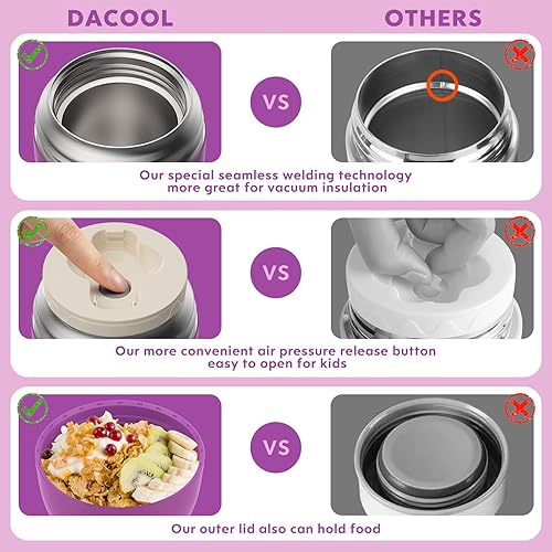 Miniatura 4 de DaCool - Recipiente de acero inoxidable con aislamiento al vacío para alimentos fríos y calientes, lonchera tipo bento, de 16 y 24onzas, con