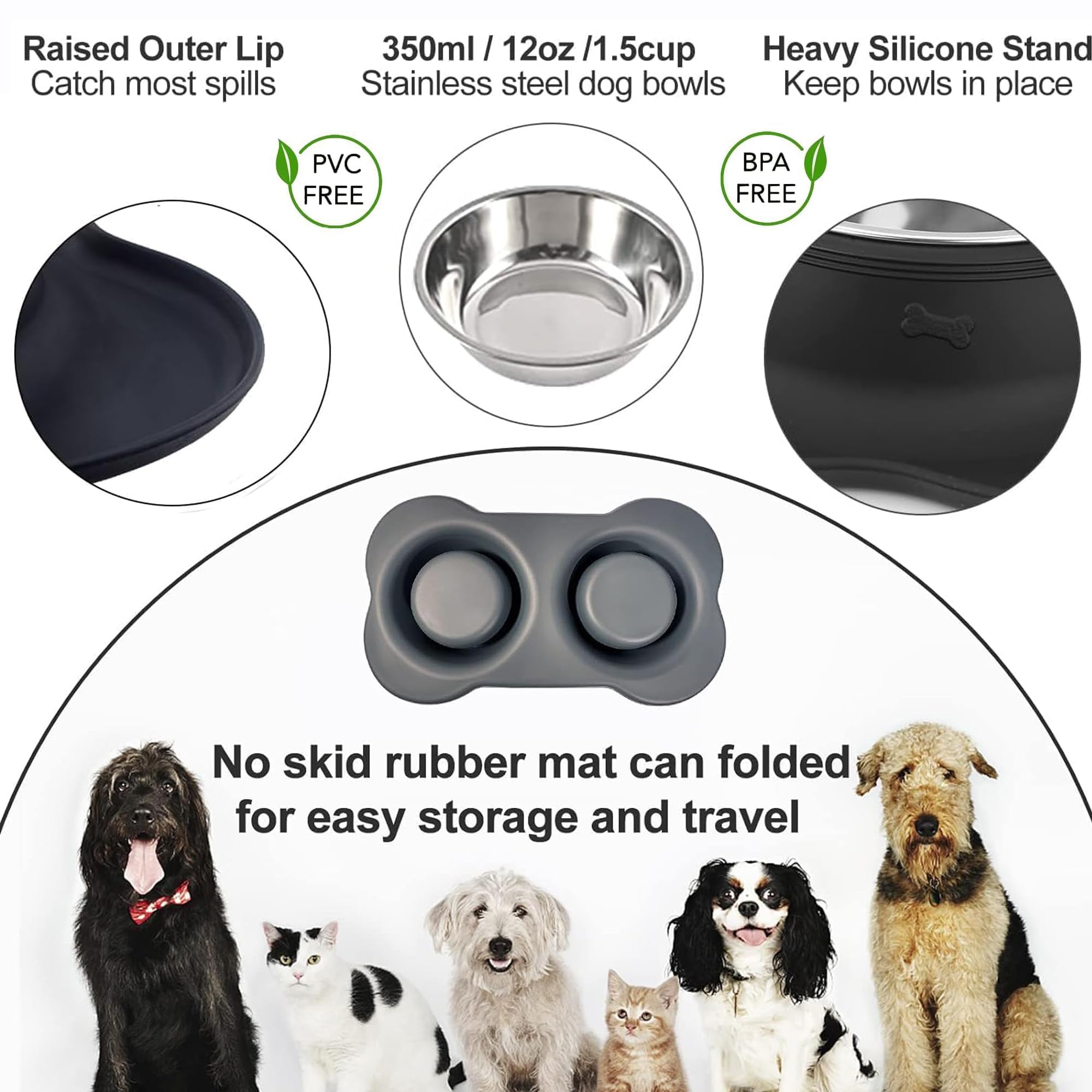 Ciotola per Cani,Doppia Ciotole in Acciaio Inossidabile,Ciotola Cane con Tappetino in Silicone,Facile da Pulire,Bowl Doppia per Cani e Gatti di Piccola e Media Taglia