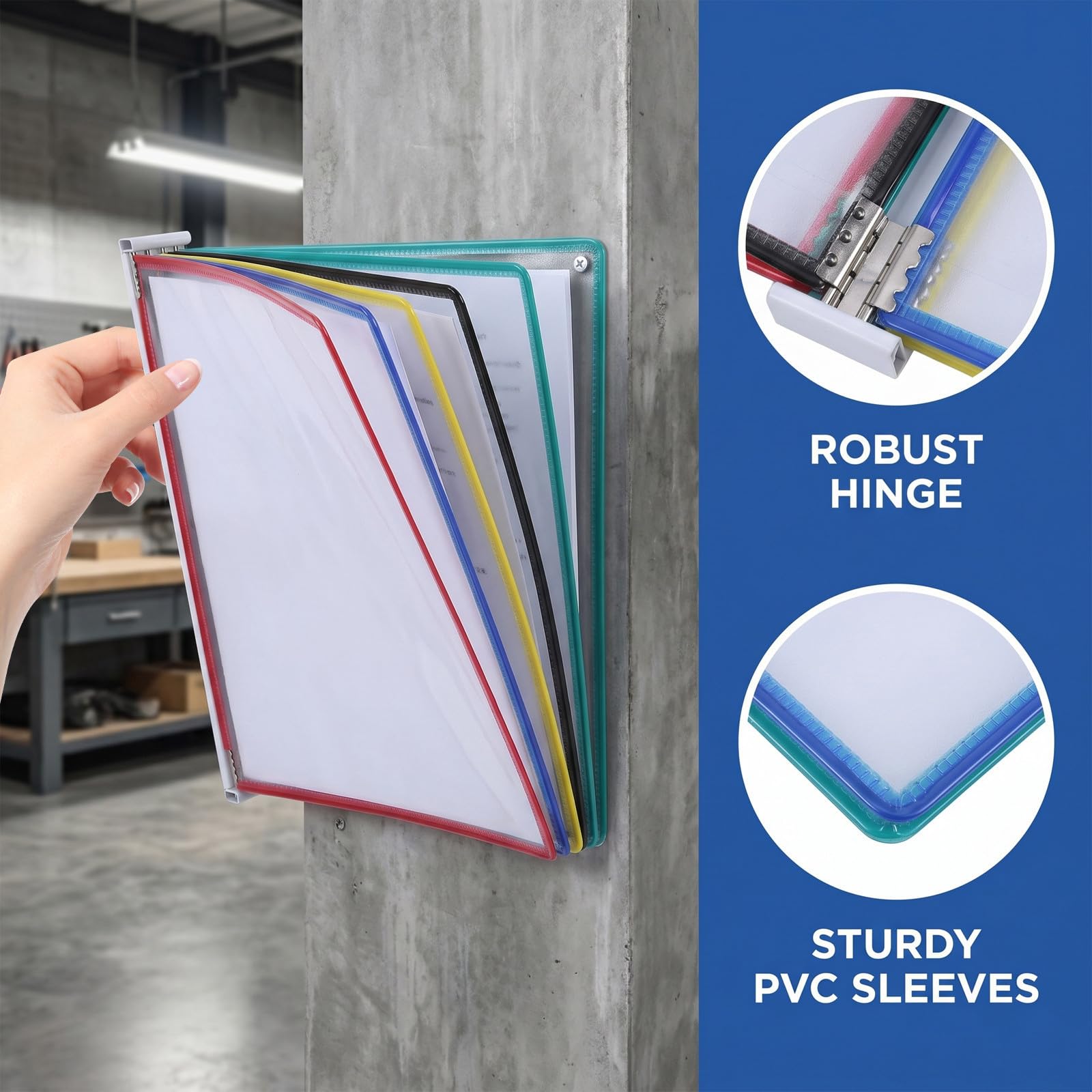 TEHAUX 10 Hojas Organizador de Documentos Montado en Pared Bolsillos de Plástico Doble Cara para Oficina y Escuela, Expositor de Archivos Colgante para Mostrar Documentos