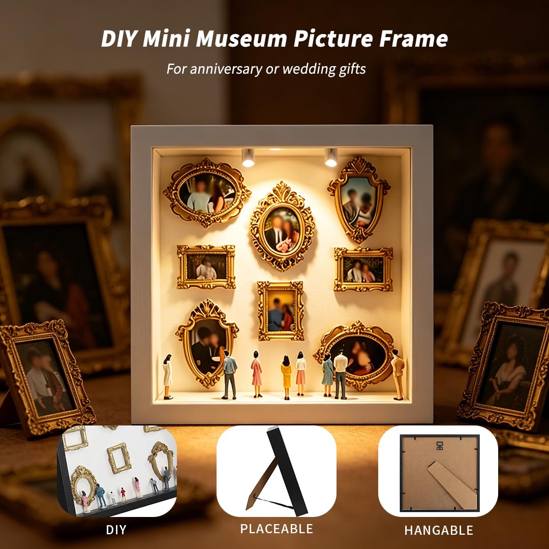 Diy Mini Museum Silhouette Box, RosyFate Shadow Box Frame con Mini Cornice e Figurine in Miniatura, Mini Museo Foto Idea Fai da Te Decorazioni Casa per Anniversario, Compleanno (Bianco)
