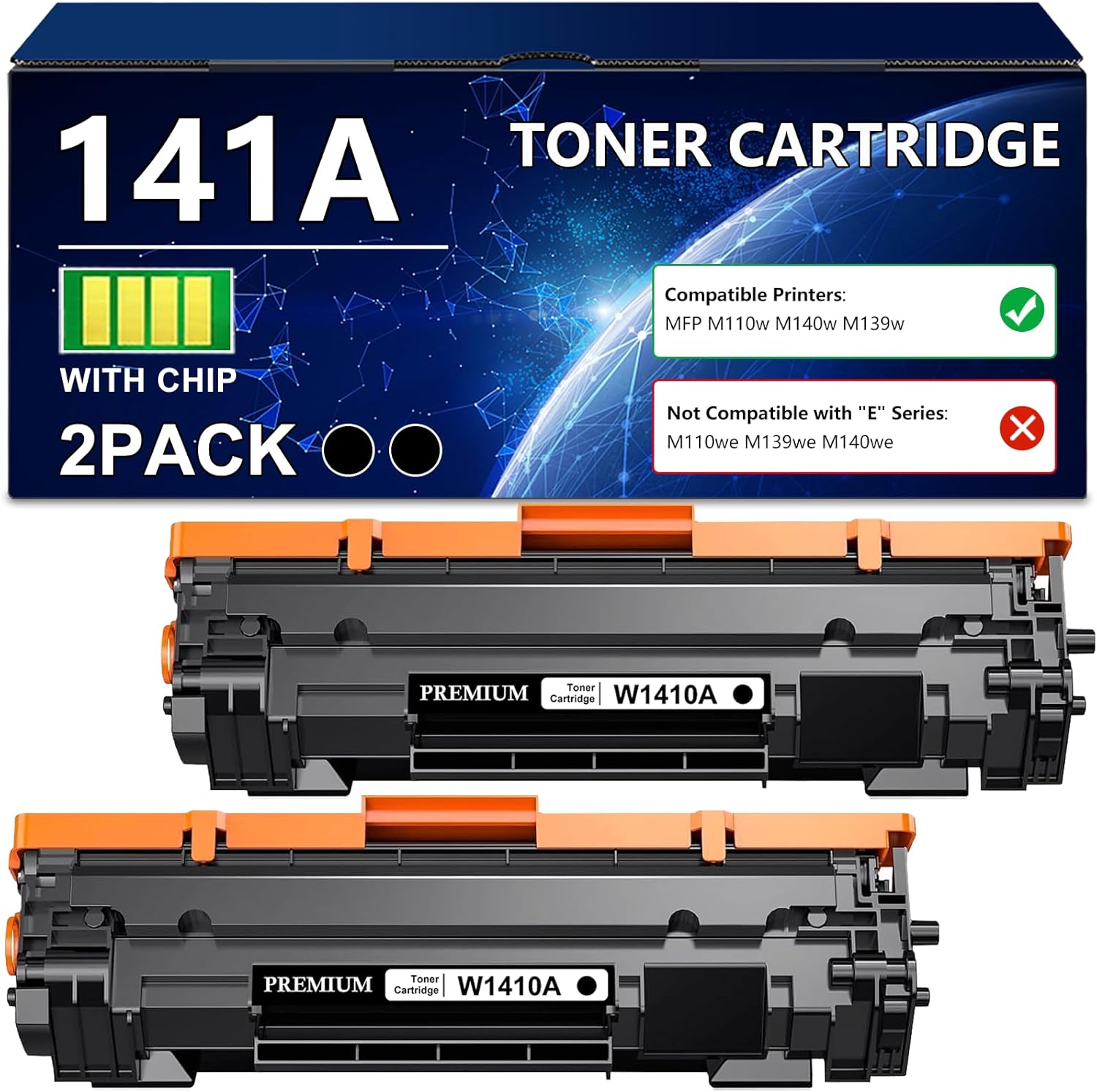 141A Toner Cartridge Black (with Chip) High Yield Compatible for HP 141A W1410A 141X W1410X for M110w MFP M139w M140w M139 M140 M110 M139we M140we M110we Printers (2 Pack)