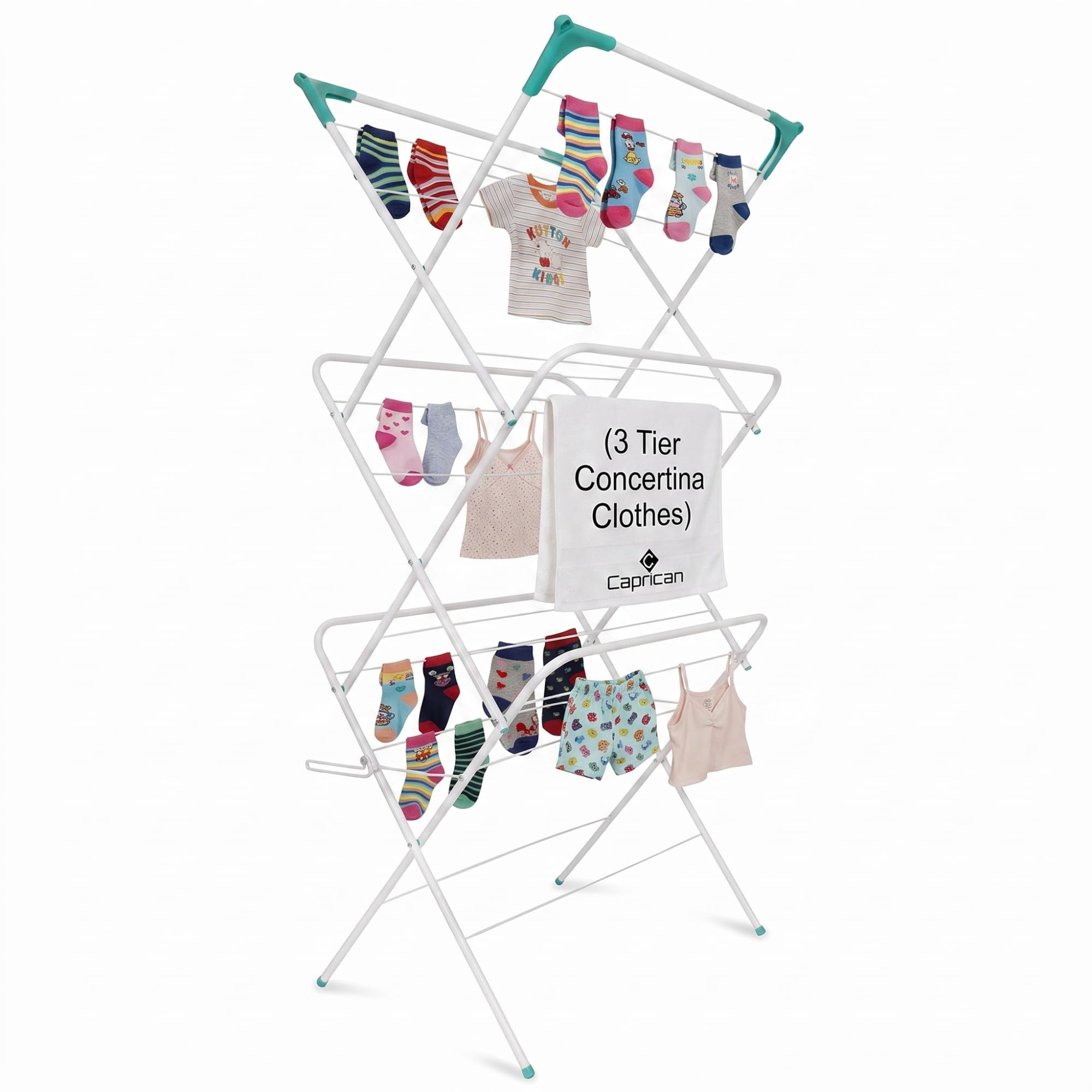 caprican 3 Tier Concertina Clothes Airer White Foldable Laundry Rack | 3 tier concertina clothes airer with hanger slots, non-slip feet and fold-flat storage for indoor and outdoor laundry drying
