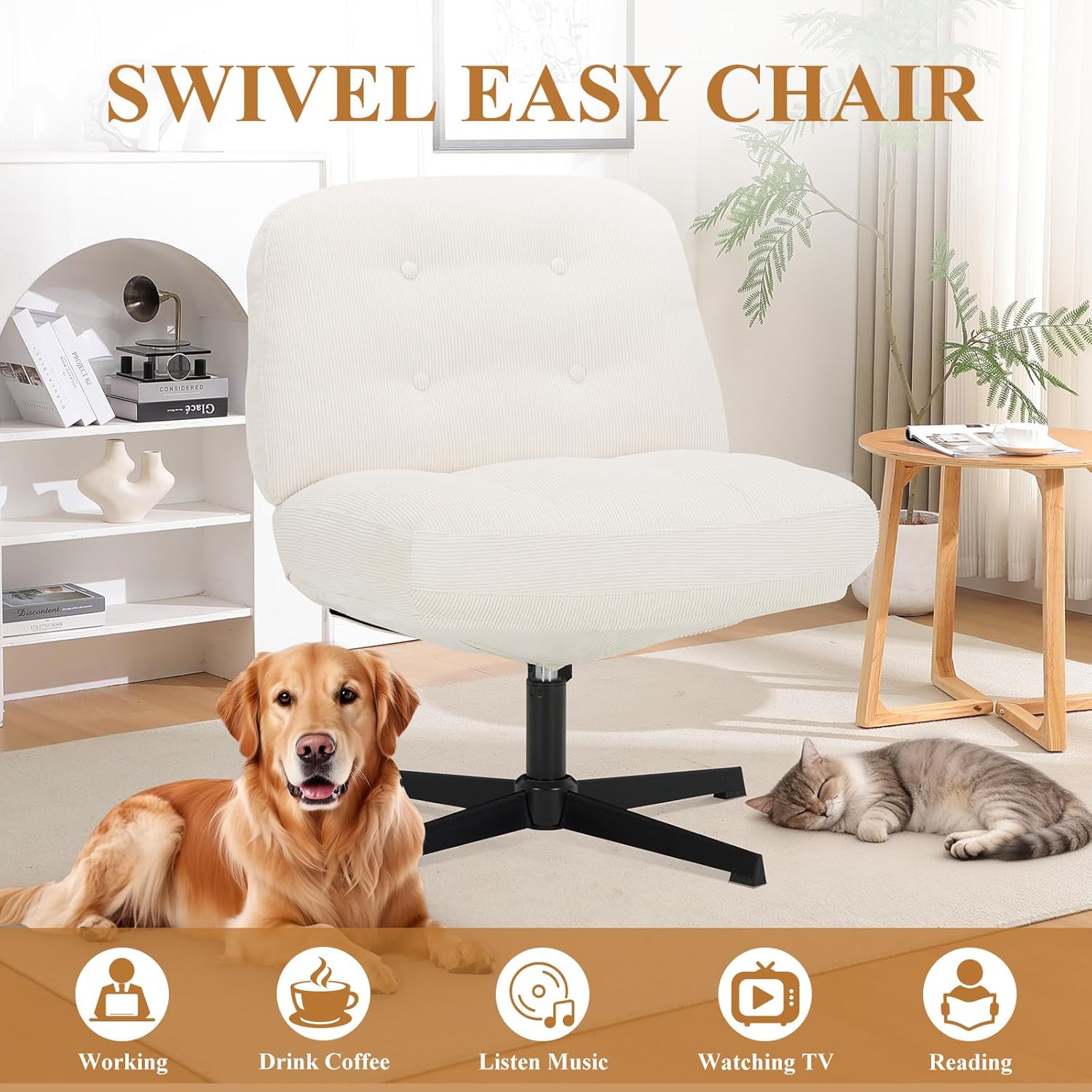 COLAMY Wide Seat Cross Legged Home Office Chair – Thick Padded Corduroy Desk Chair with Metal Base, Armless Criss Cross Chair Swivel Computer Chair for Study or Living Room Set of 1 White