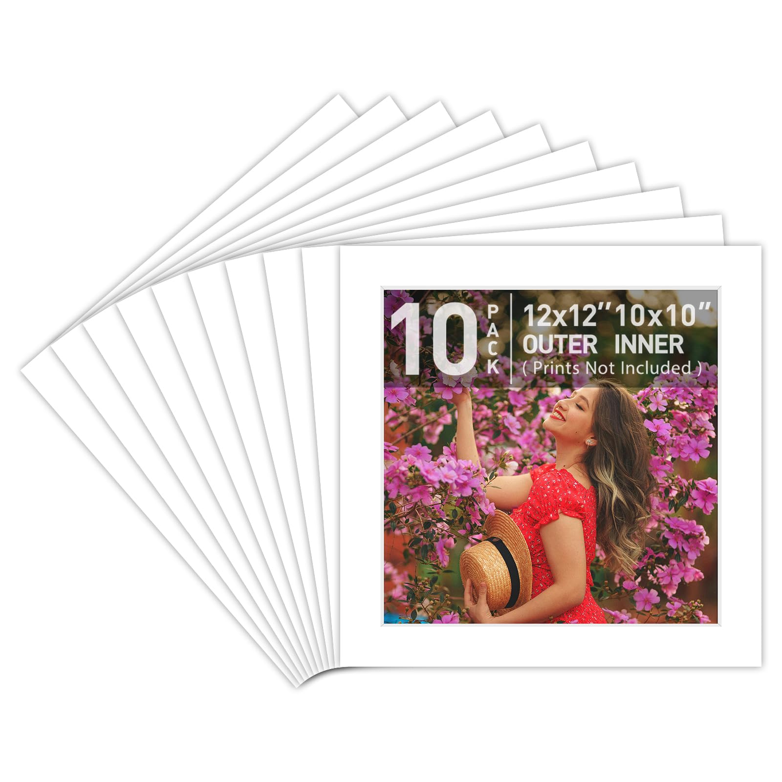 Golden State Art, Pack of 10 Acid Free 12x12 for 10x10 White Picture Mats, Bevel Cut White Core Frame Mattes for Photos