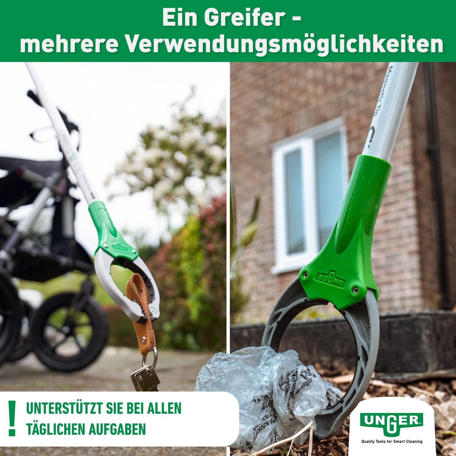 Unger NiftyNabber Trigger Allzweckgreifer (93 cm lang, Müllzange, mit Magnetspitze, Greifkopf 360° drehbar, sehr robust) NT090