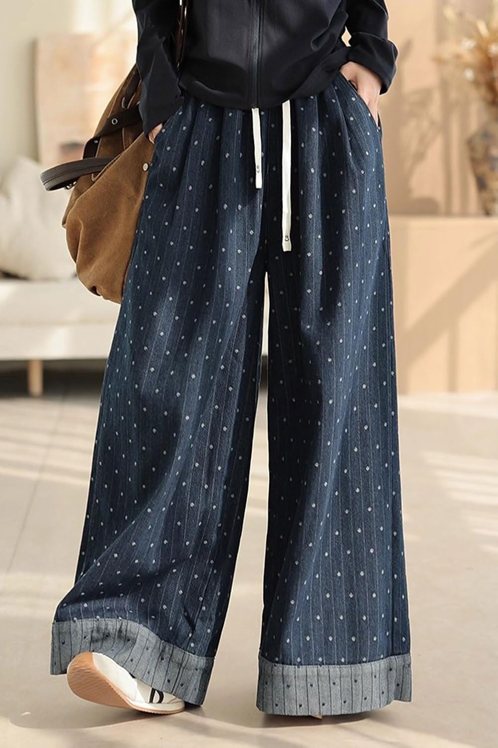 CHARTOU Wide Leg Denim Pants for Women Baggy Boyfriend Jeans Elastic High Waist Polka Dot Trousers