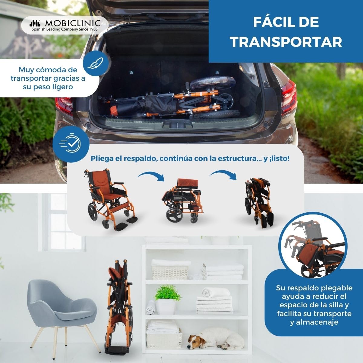 Mobiclinic®, Silla de ruedas, Plegable, Ligera, Dos sistemas freno, Respaldo, Aluminio, Reposapiés abatibles, Modelo pirámide, Pequeñas, Reposabrazos fijos (Naranja, 46 cm)