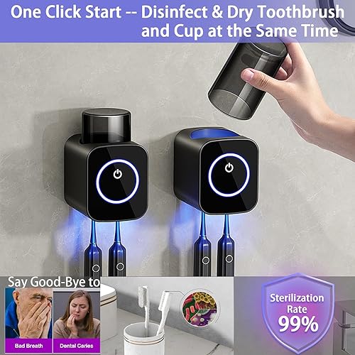 Miniatura 2 de Soporte para cepillos de dientes montado en la pared, 1 taza para cepillos de dientes con secado y limpieza inteligente, estuche de limpieza de