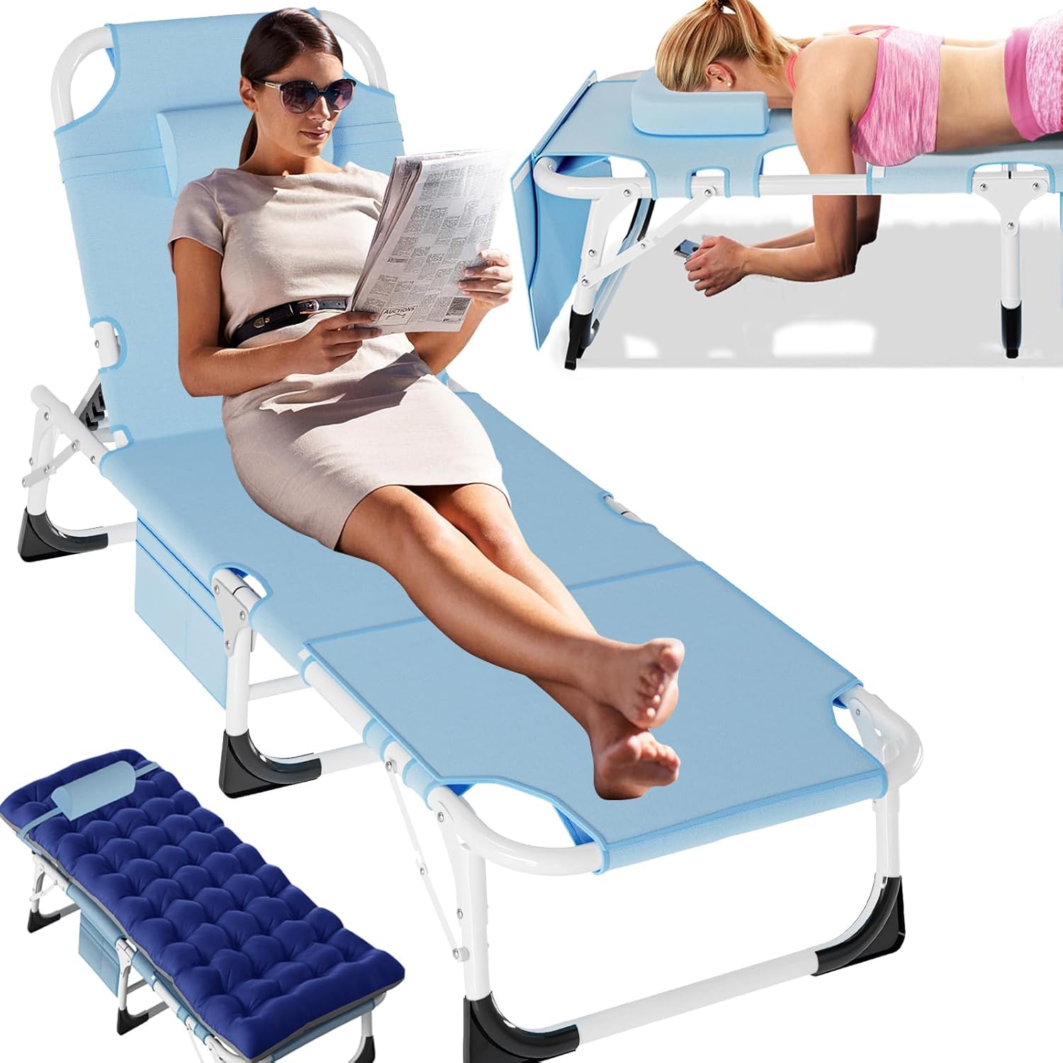 Slsy Folding Chaise Patio Lounge Chairs, Outdoor Reclining Patio Chairs, Heavy Duty Patio Chairs Chaise Lounges for Tanning, Poolside, Beach, Lawn, Camping