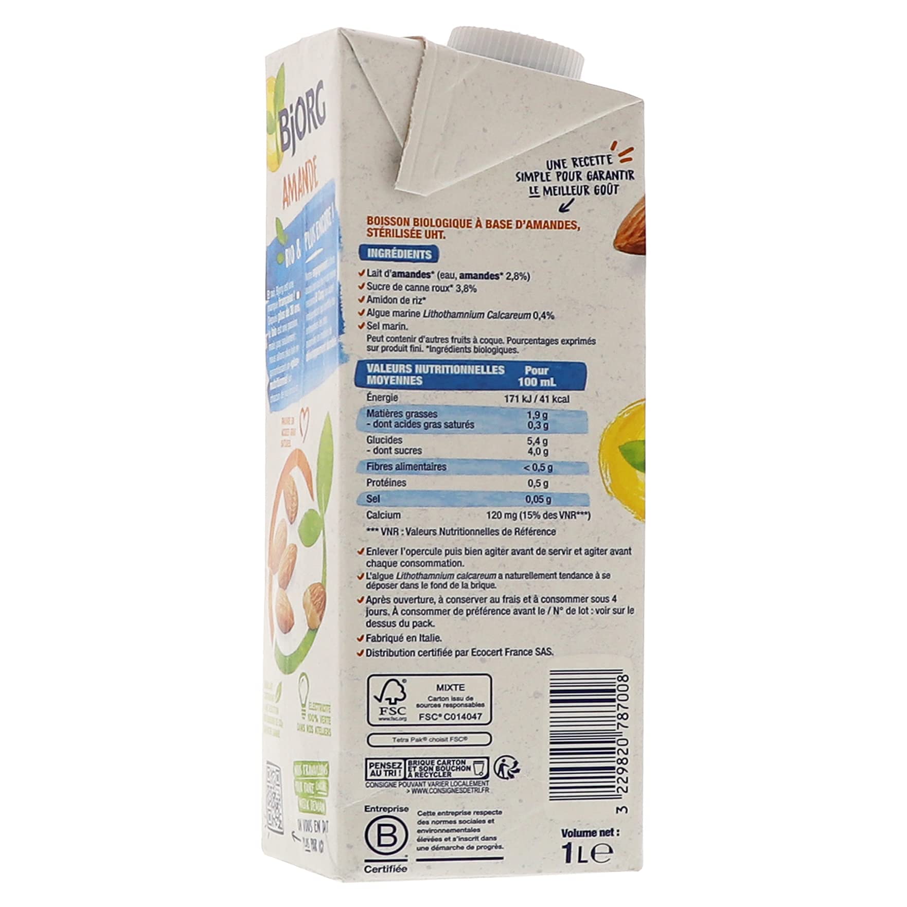 Bjorg Lait d'amande Bio – Boisson végétale bio – Pauvre en acides gras saturés – 1 L
