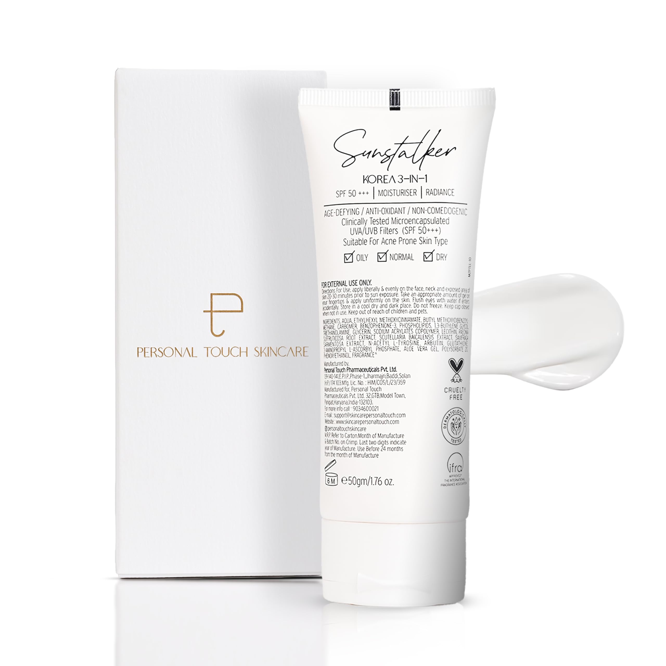 Personal Touch Sunstalker Water Gel Sunscreen SPF 50 PA+++ for Face | Lightweight Sunscreen with No White Cast | Non-Greasy, Acne Safe & Oil-Free | With Niacinamide | For Oily & Dry Skin | 50 ml