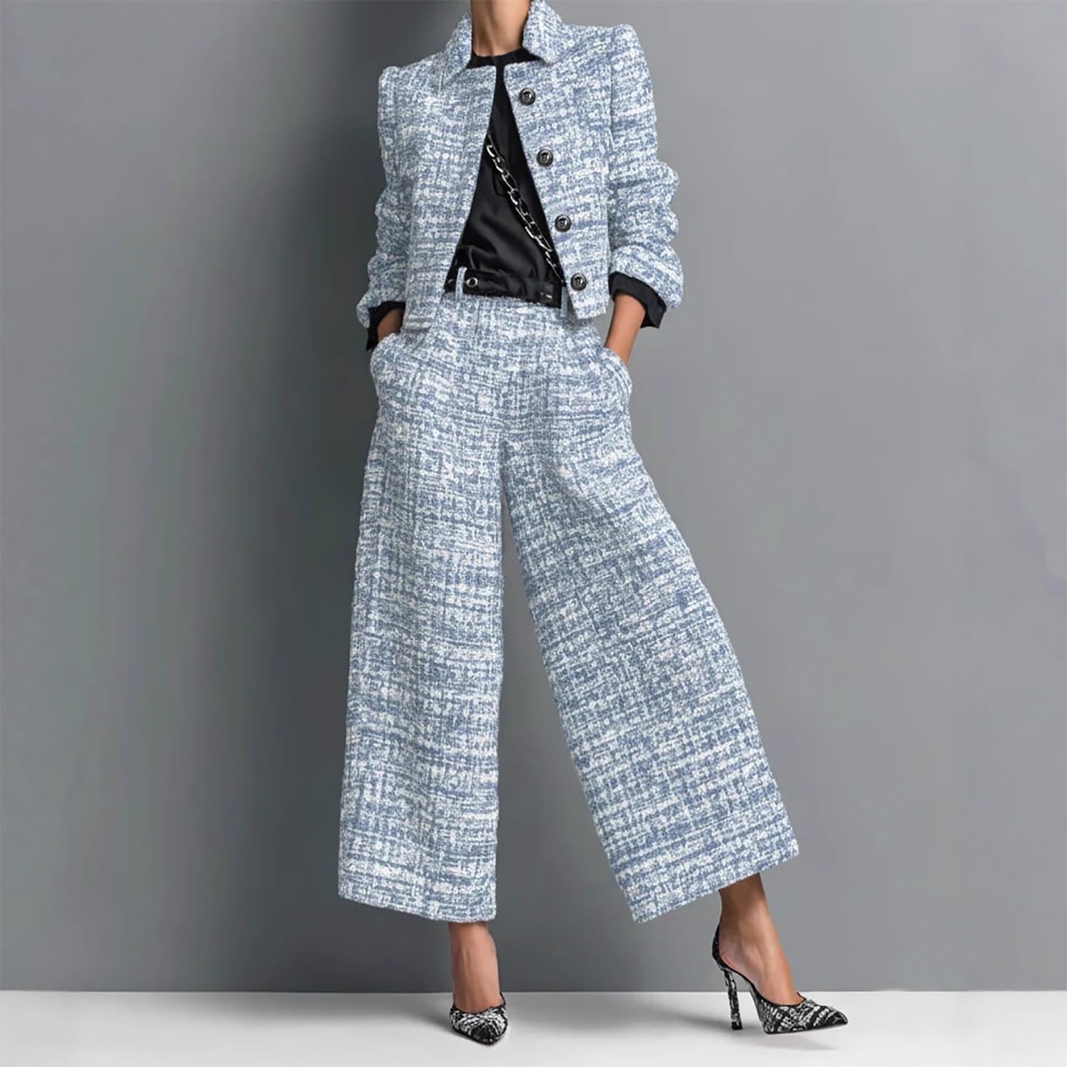 Damenanzug-Set, zweiteiliges Outfit aus Tweed, kurzer Blazer mit weitem Bein, Hose für Business, Freizeit, Party.