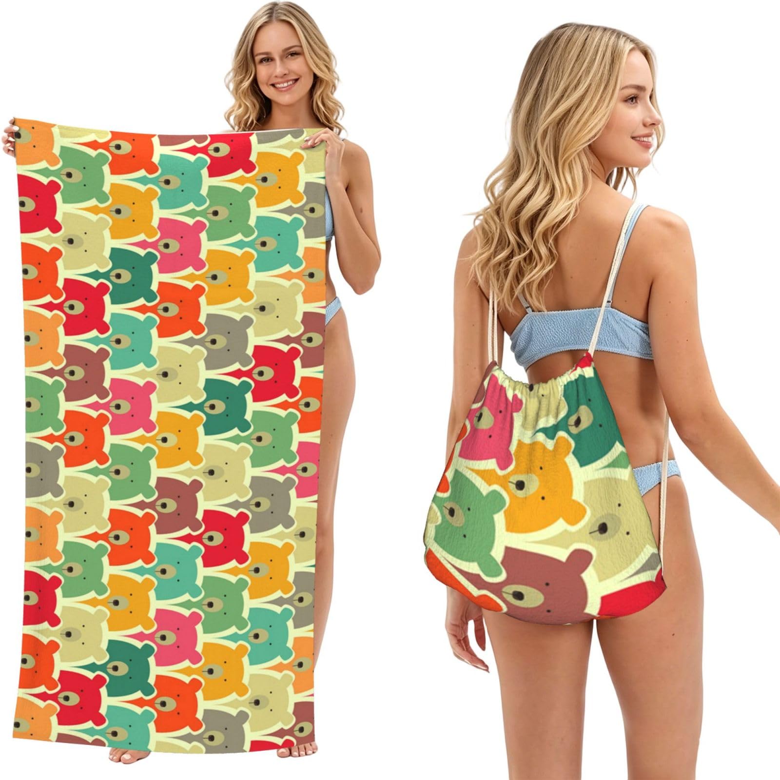 WSHFFILO Colorful Bears printed 2 in 1 Packable Towel Bag Bath Towel Beach Towel